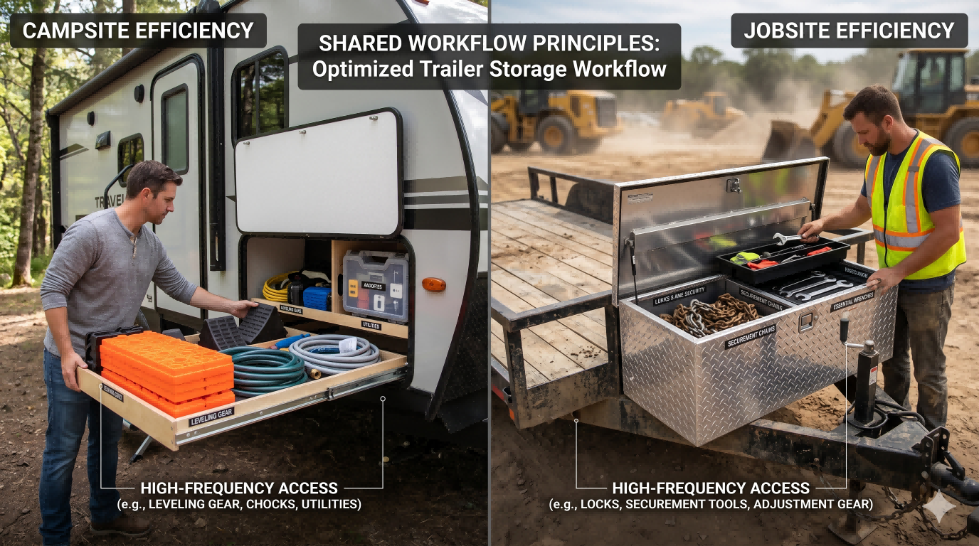 Comparison of campsite and jobsite trailer storage workflow, showing high-frequency access zones for leveling gear, chocks, locks, securement tools, and adjustment items